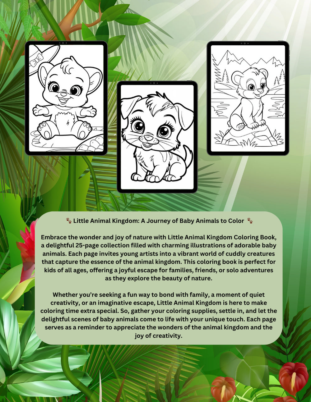 Baby animal kingdom coloring book with sweet and playful creatures