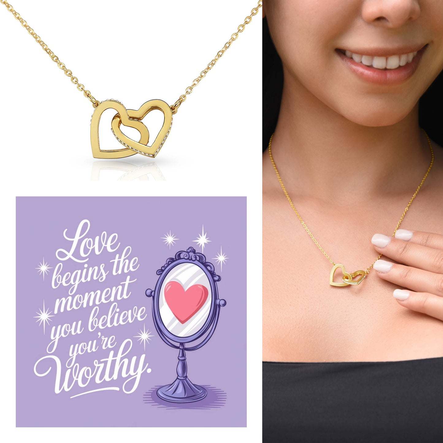 Love Begins The Moment You Believe You're Worthy: Interlocking Hearts Necklace - Mental Health Gift, Self-Love, Anxiety, PTSD Support