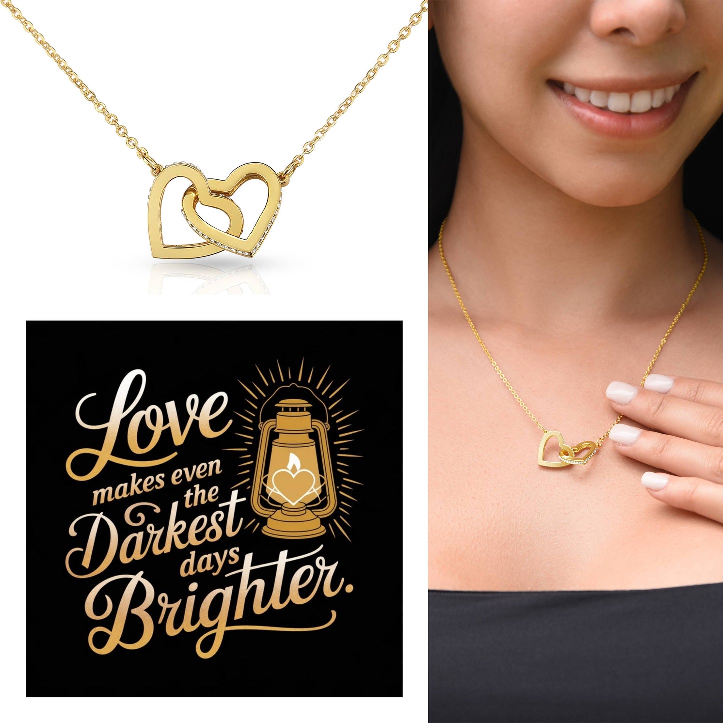 Love Makes Even The Darkest Days Brighter: Interlocking Hearts Necklace - Mental Health Gift, Self-Love, Anxiety, PTSD Support