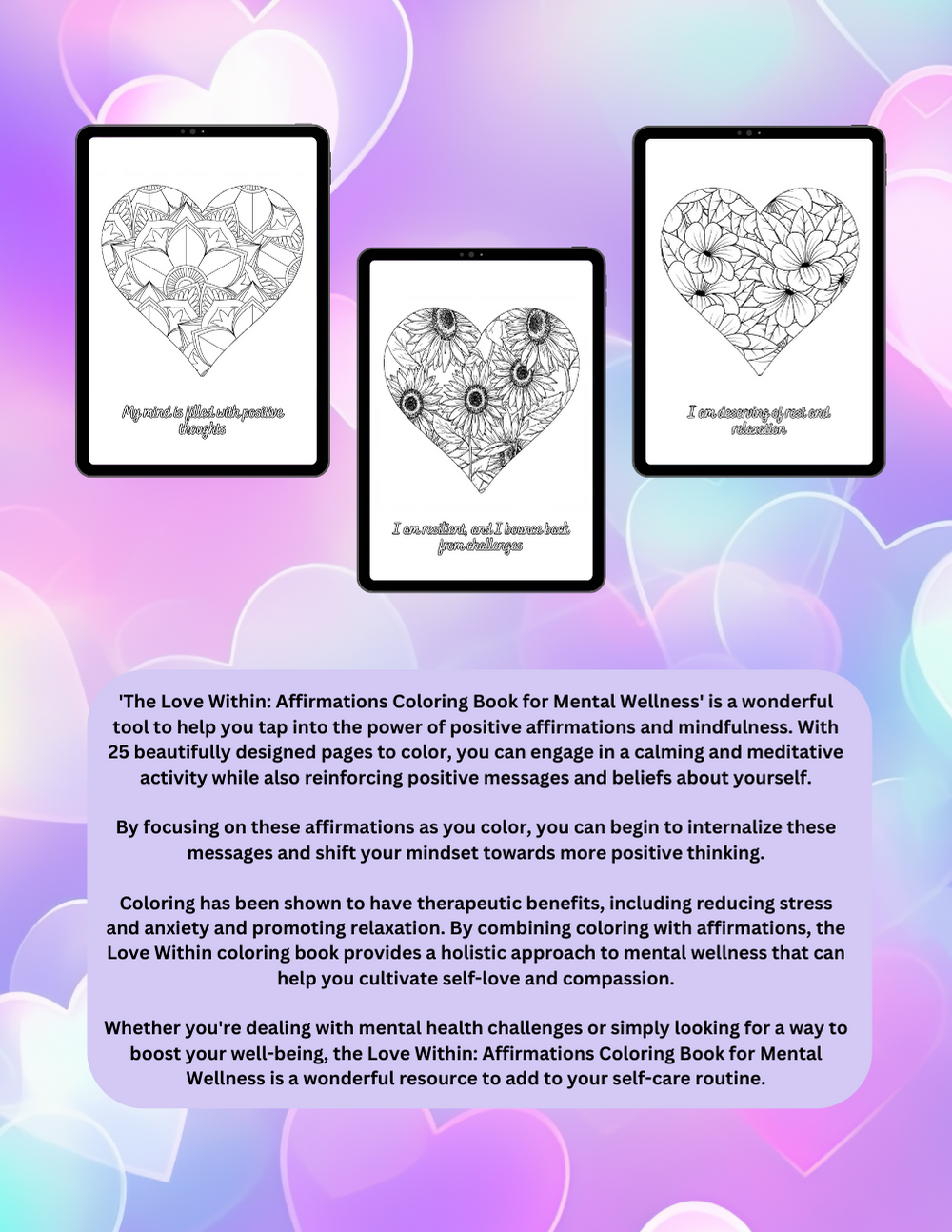 Affirmation coloring book focused on inner love and emotional healing