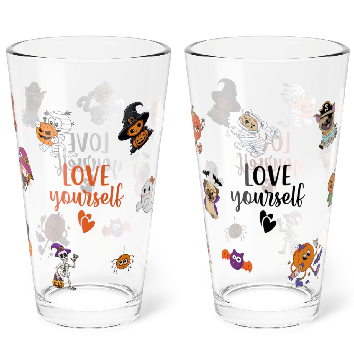 Love Yourself Halloween 16oz pint glass, positive self-care themed Halloween drinkware - MySisterIsASurvivor