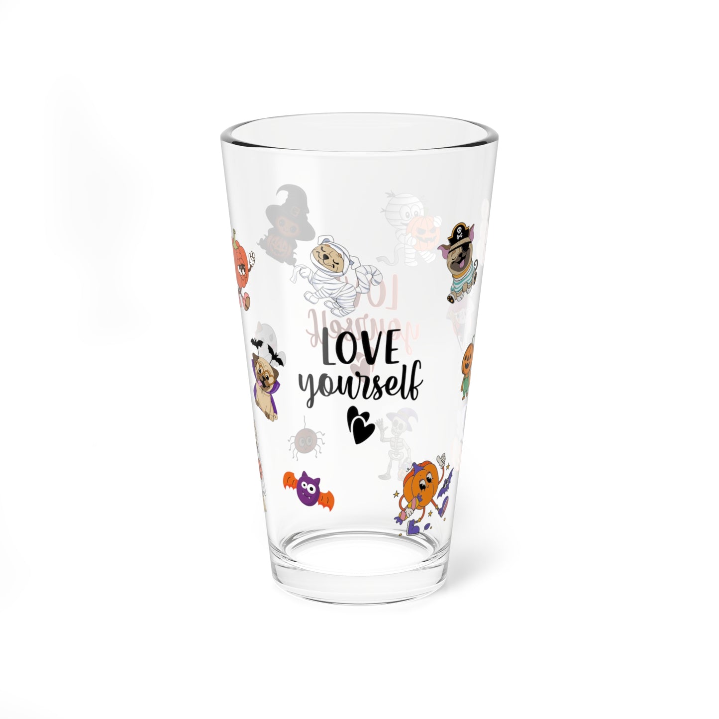 Love Yourself Halloween 16oz pint glass, positive self-care themed Halloween drinkware - MySisterIsASurvivor