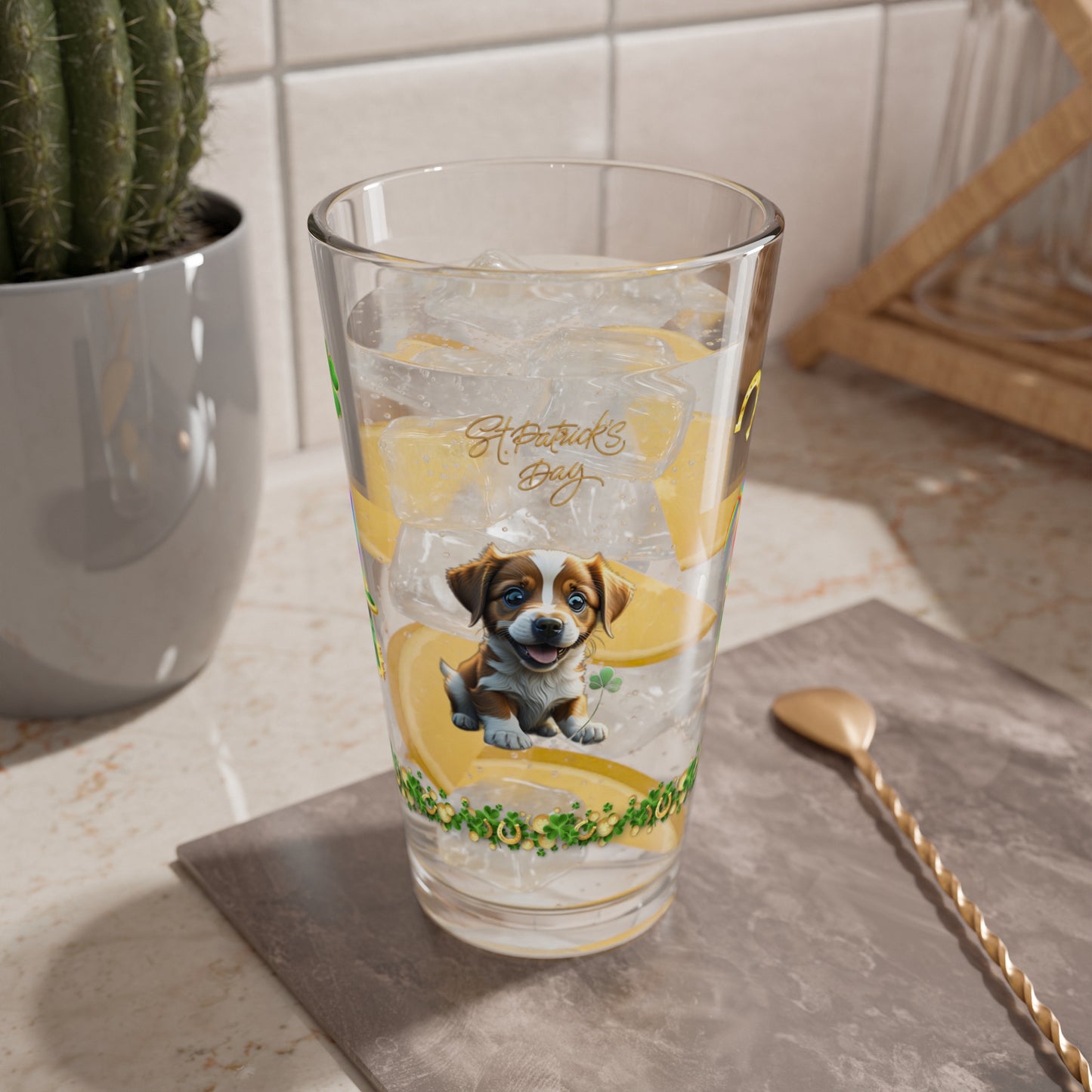 Lucky Leprechaun Pup: Mindful St. Patrick's Day 16oz Pint Glasses - Festive Design for Positivity & Wellness