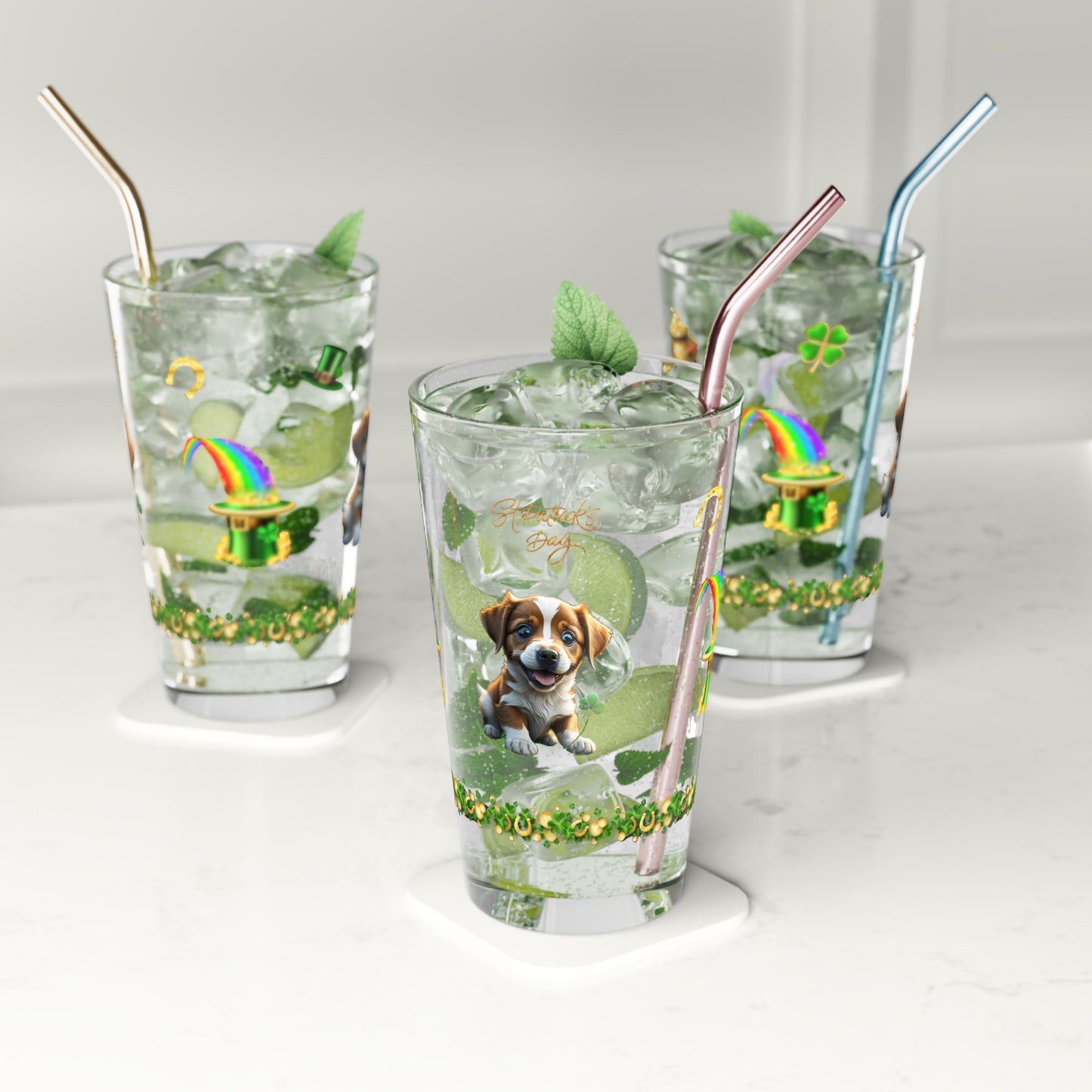 Lucky Leprechaun Pup: Mindful St. Patrick's Day 16oz Pint Glasses - Festive Design for Positivity & Wellness