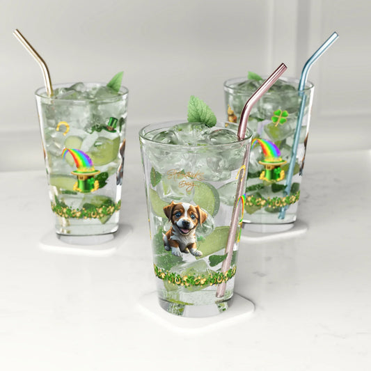 Shop our premium lucky leprechaun pup st patricks day pint glass 16oz from MySisterIsASurvivor.