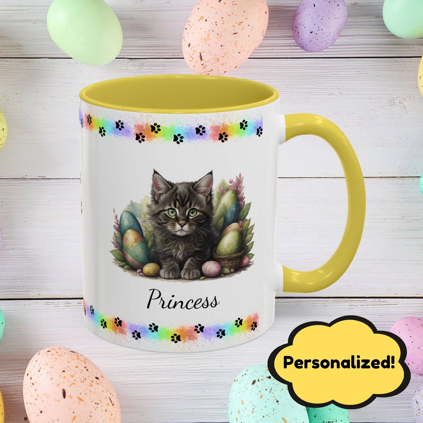 Maine Coon Easter kitten mug, personalized cute cat coffee cup, gift for mental health support and comfort