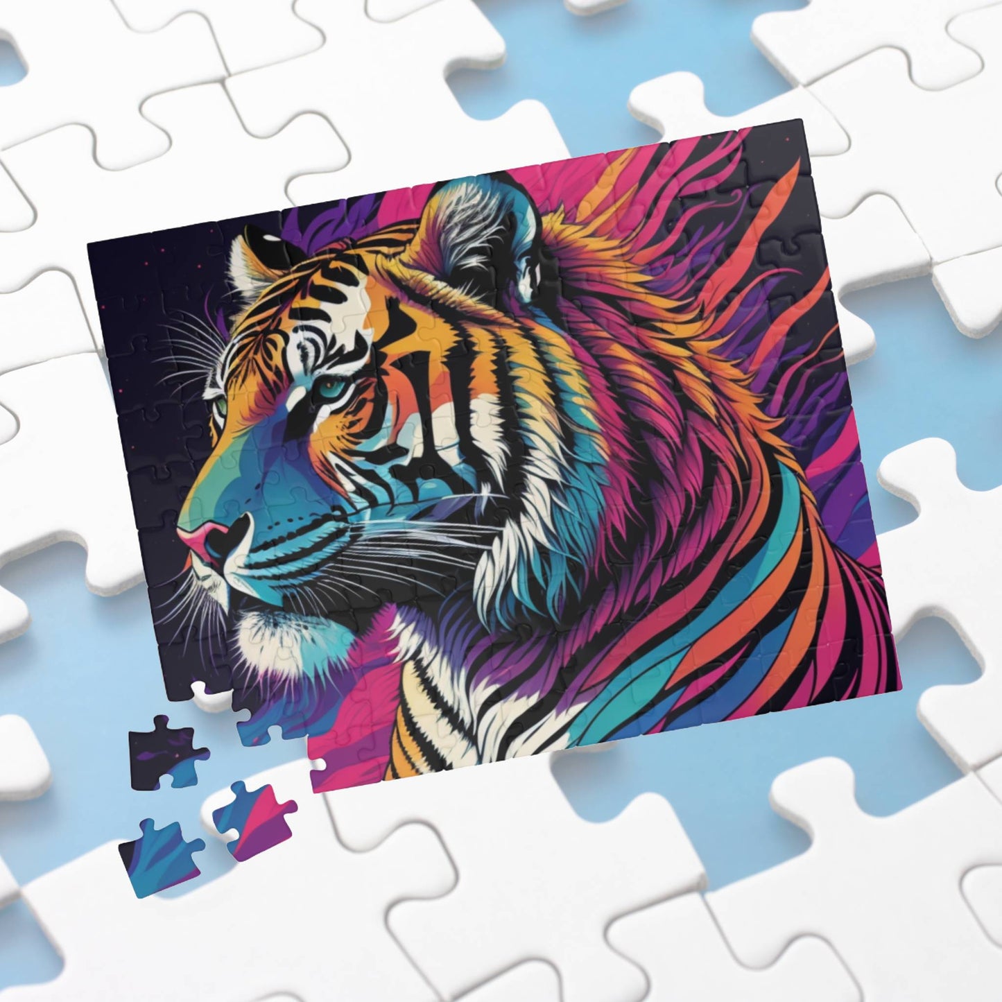 Serene tiger with a thoughtful gaze, featured in a puzzle celebrating quiet strength and balance
