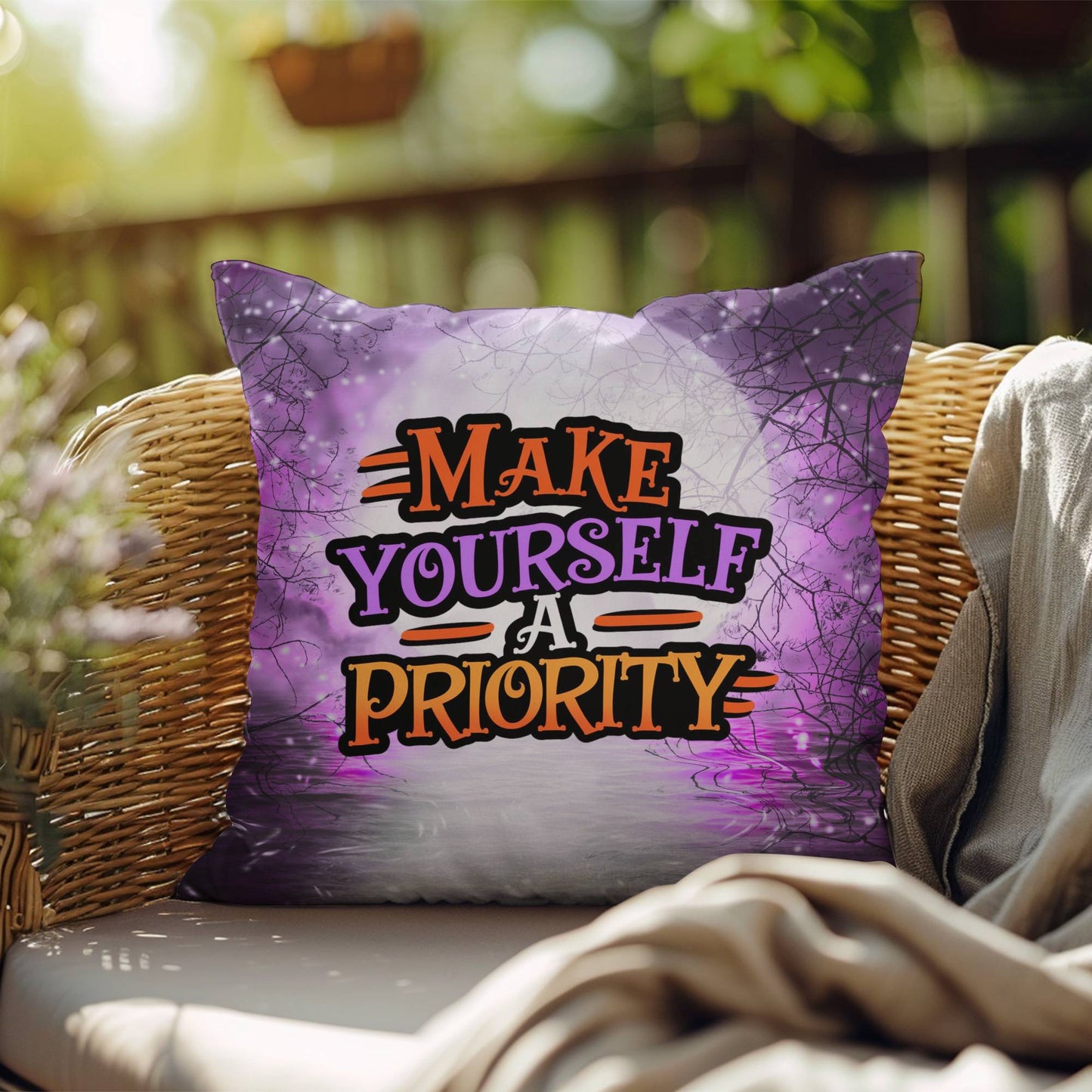Indoor/outdoor pillow with motivational “Make Yourself A Priority” for self-care