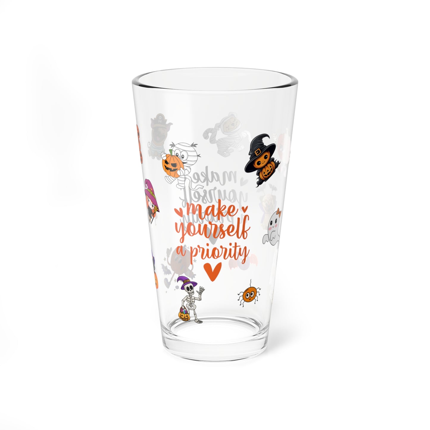 Make Yourself A Priority Halloween 16oz pint glass, self-care and fall fun drinkware - MySisterIsASurvivor