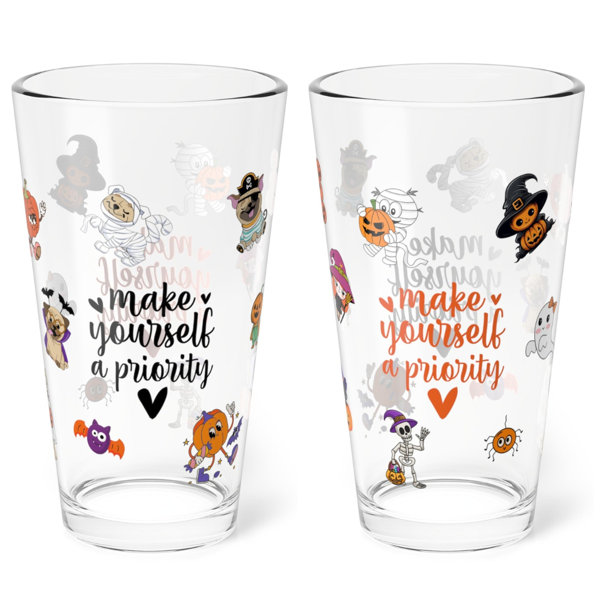 Make Yourself A Priority Halloween 16oz pint glass, self-care and fall fun drinkware - MySisterIsASurvivor