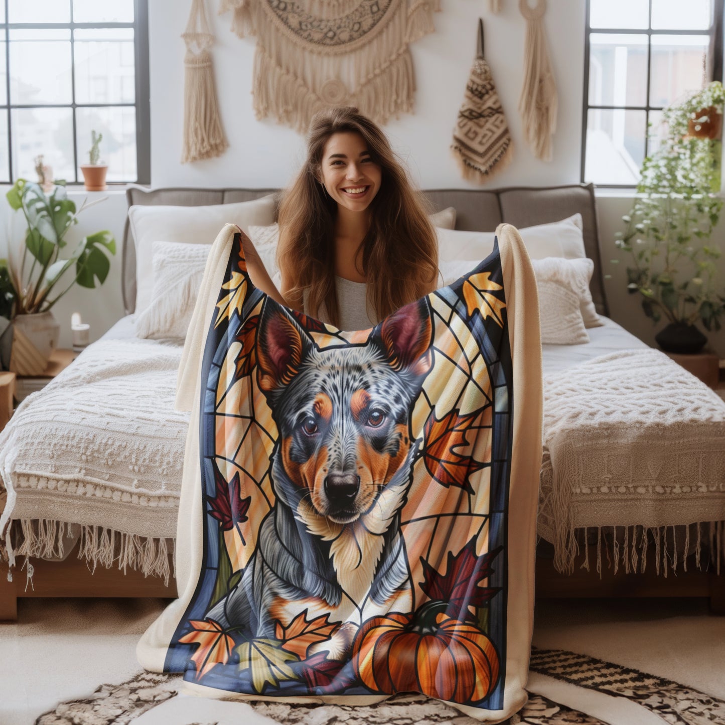 Luxurious Australian Cattle Dog stained glass throw blanket in soft velveteen fabric, thoughtful dog lover gift