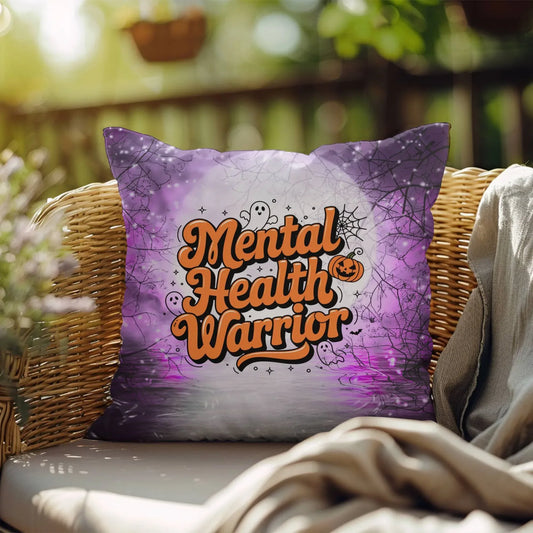 Shop our mental health warrior halloween pillow featuring the 18" x 18" style option from MySisterIsASurvivor.