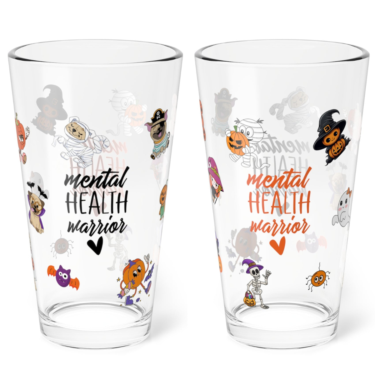 Mental Health Warrior Halloween 16oz pint glass, inspiring positive seasonal drinkware - MySisterIsASurvivor