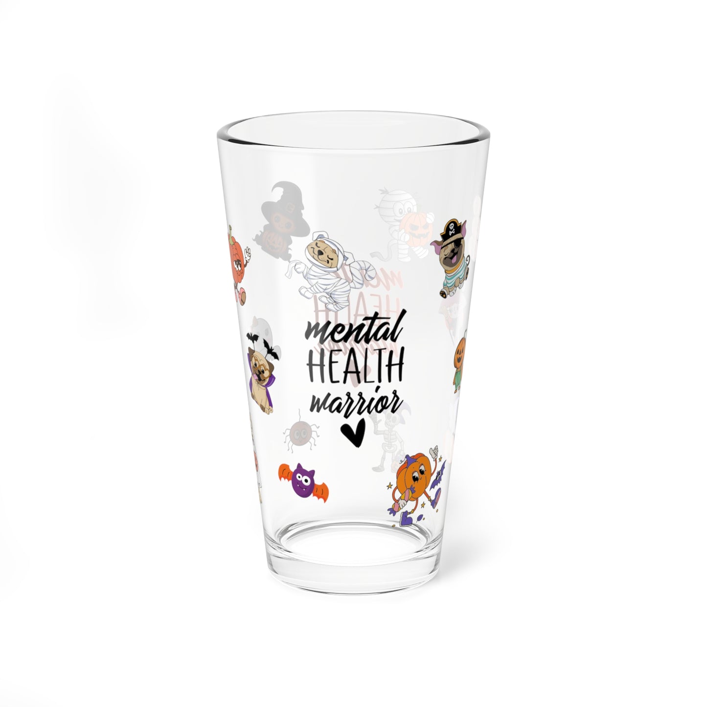 Mental Health Warrior Halloween 16oz pint glass, inspiring positive seasonal drinkware - MySisterIsASurvivor