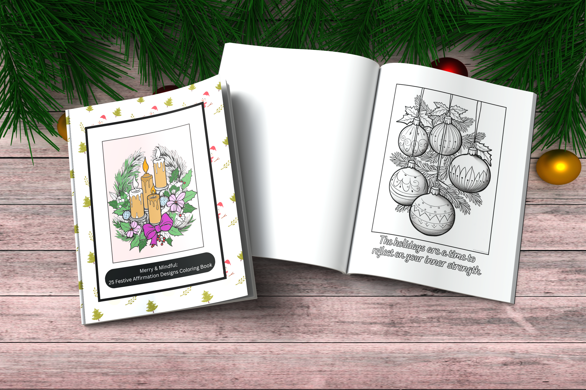 Christmas coloring book with mindful affirmations and festive designs