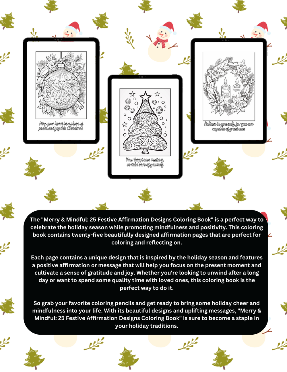 Christmas coloring book with mindful affirmations and festive designs