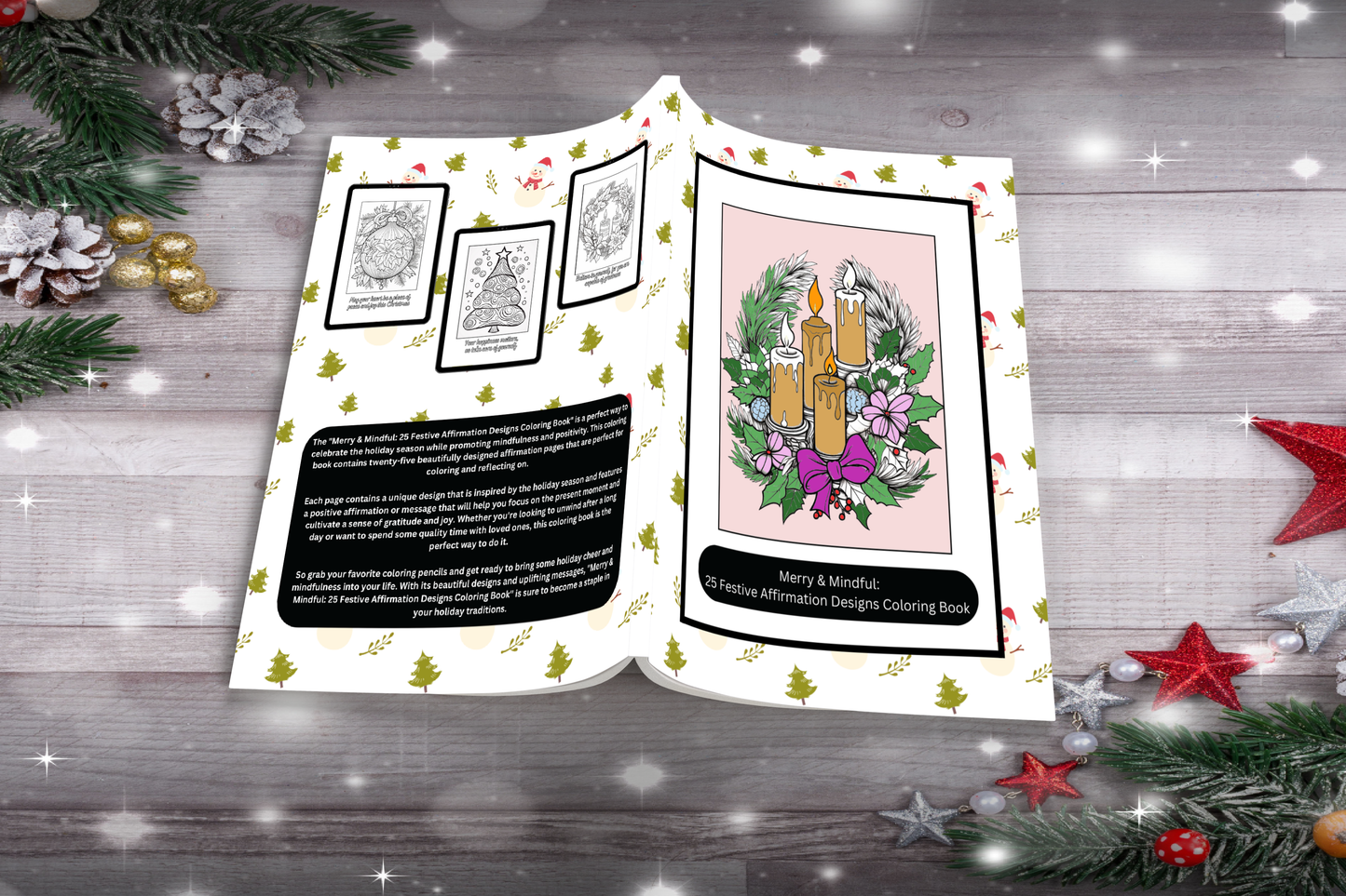 Christmas coloring book with mindful affirmations and festive designs