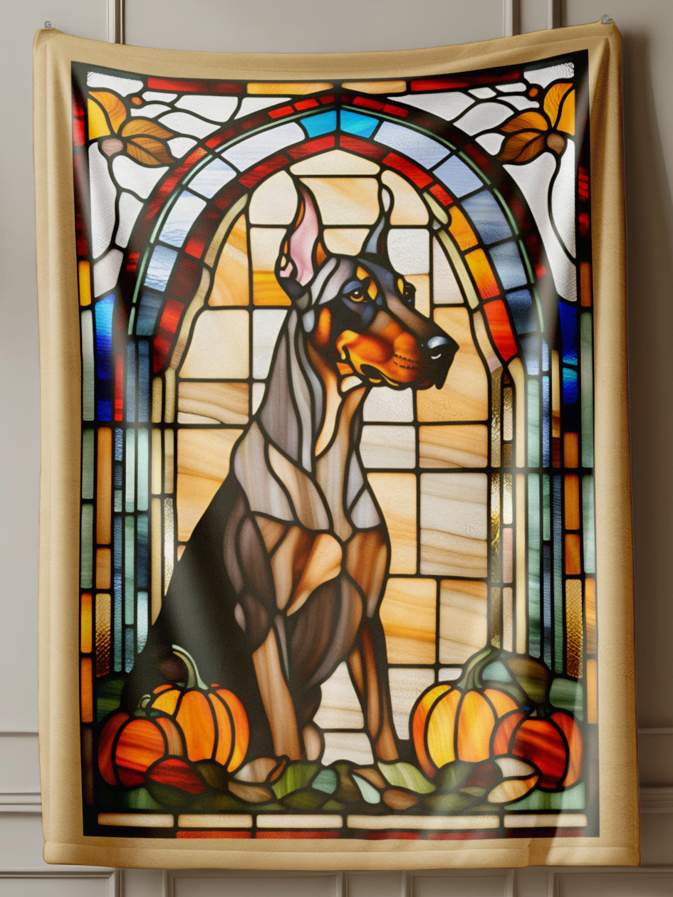 Doberman velveteen plush blanket featuring stained glass dog design, perfect cozy throw for Doberman fans