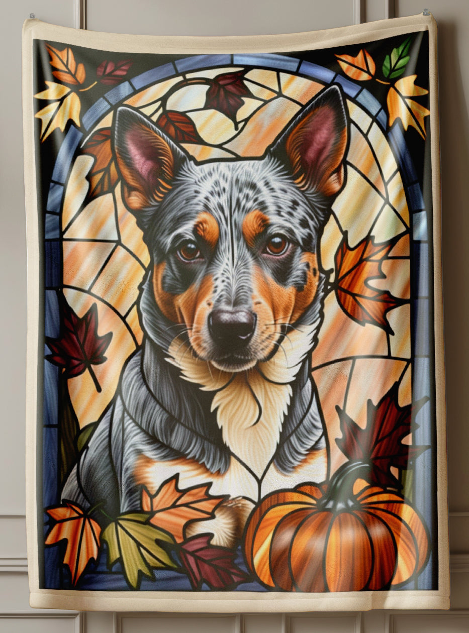 Luxurious Australian Cattle Dog stained glass throw blanket in soft velveteen fabric, thoughtful dog lover gift