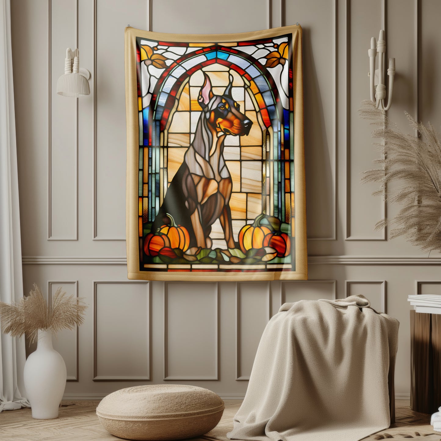 Doberman velveteen plush blanket featuring stained glass dog design, perfect cozy throw for Doberman fans