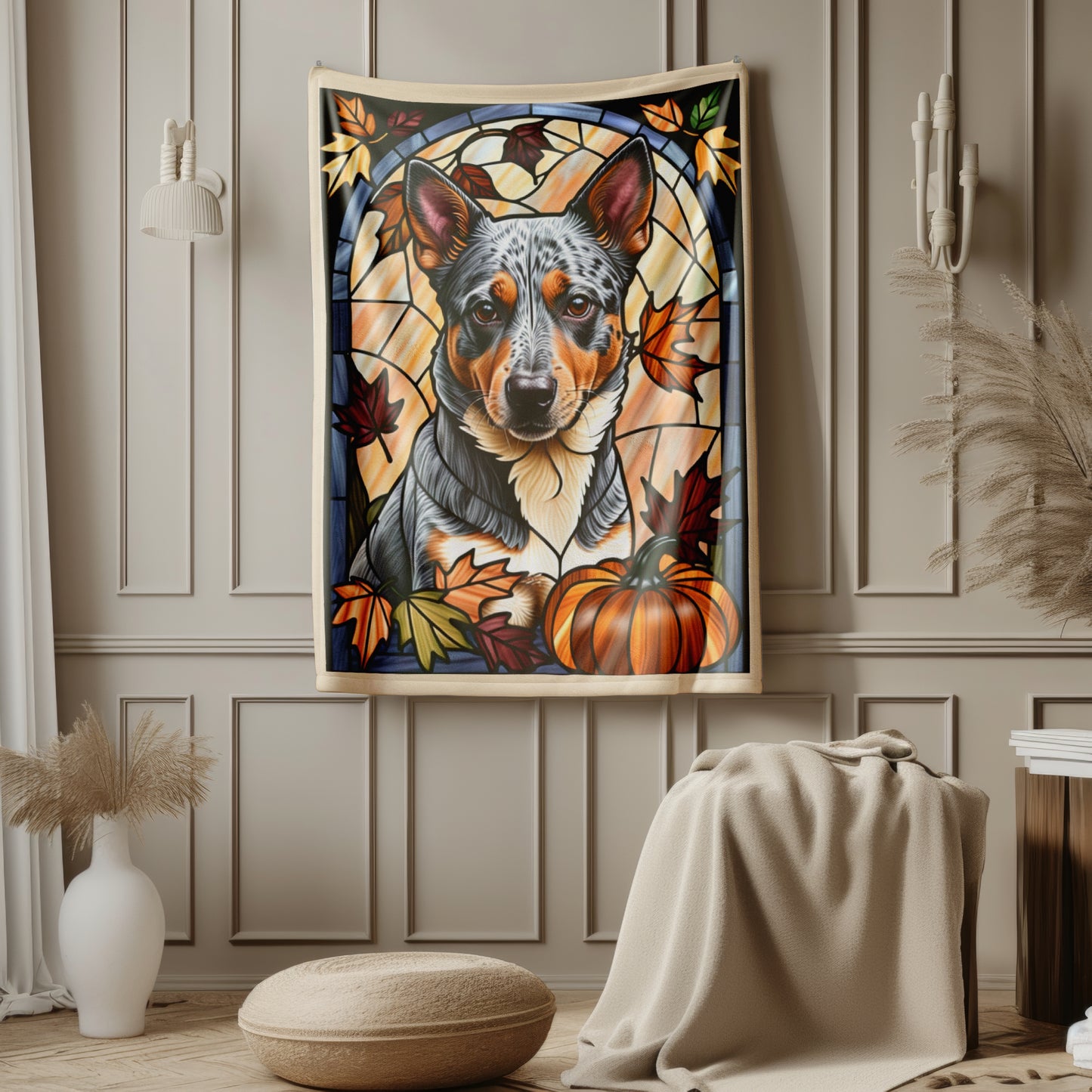 Luxurious Australian Cattle Dog stained glass throw blanket in soft velveteen fabric, thoughtful dog lover gift