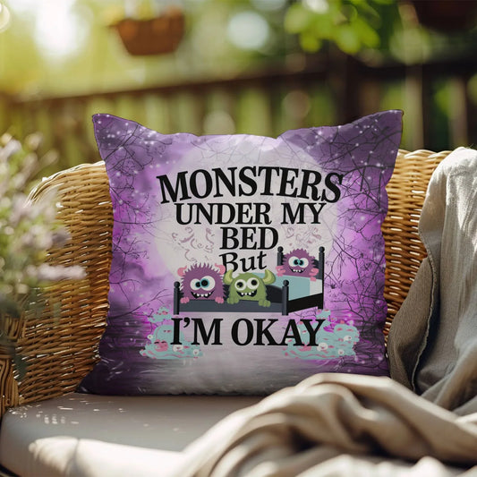 Shop our monsters under my bed halloween pillow featuring the 18" x 18" style option from MySisterIsASurvivor.