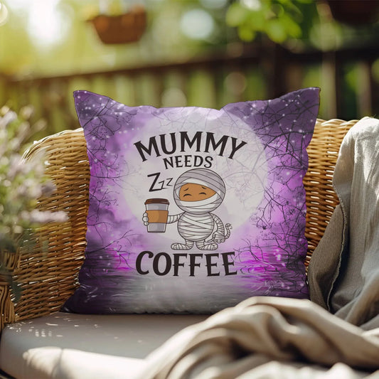 Shop our mummy needs coffee halloween pillow featuring the 18" x 18" style option from MySisterIsASurvivor.