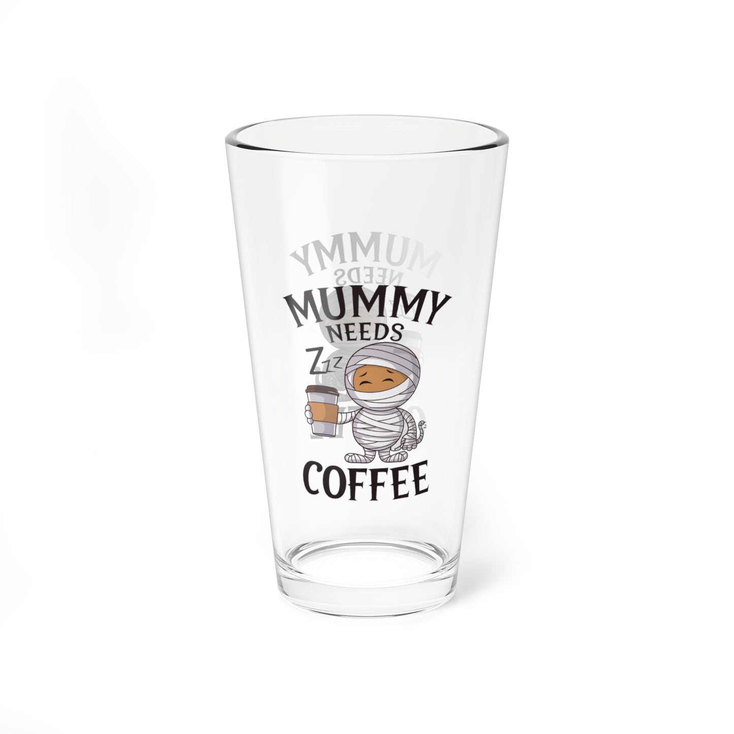 Mummy Needs Coffee Halloween 16oz pint glass, humorous Halloween party drinkware - MySisterIsASurvivor