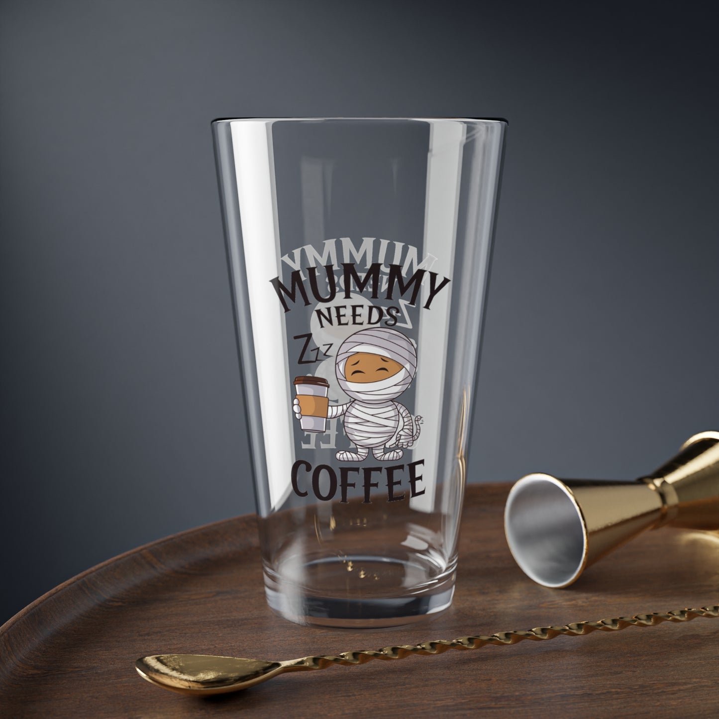 Mummy Needs Coffee Halloween 16oz pint glass, humorous Halloween party drinkware - MySisterIsASurvivor
