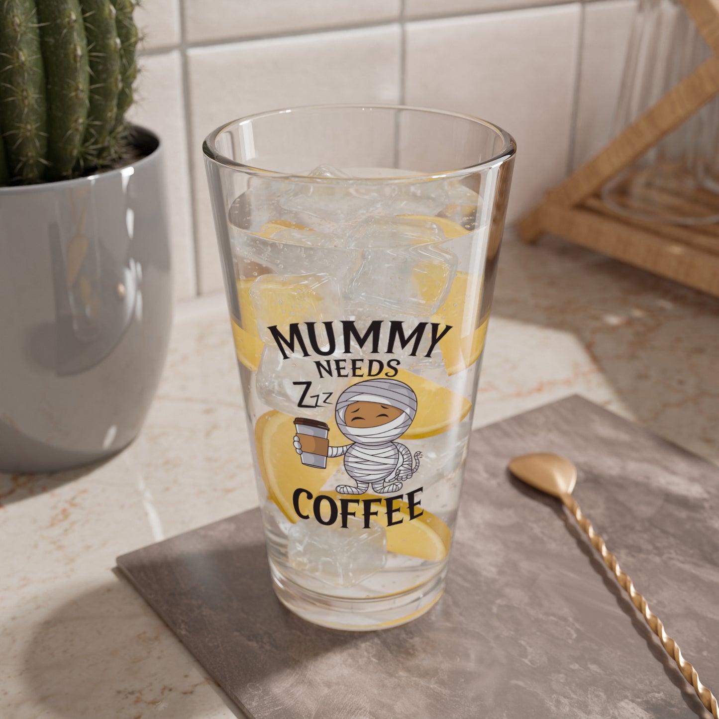 Mummy Needs Coffee Halloween 16oz pint glass, humorous Halloween party drinkware - MySisterIsASurvivor
