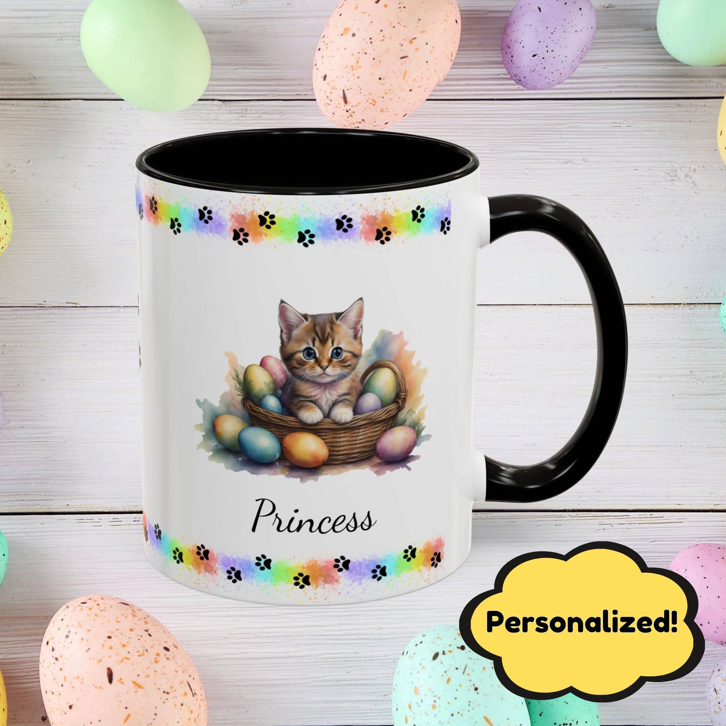 Munchkin personalized Easter coffee mug, cute kitten design, mental health awareness gift for cat lovers