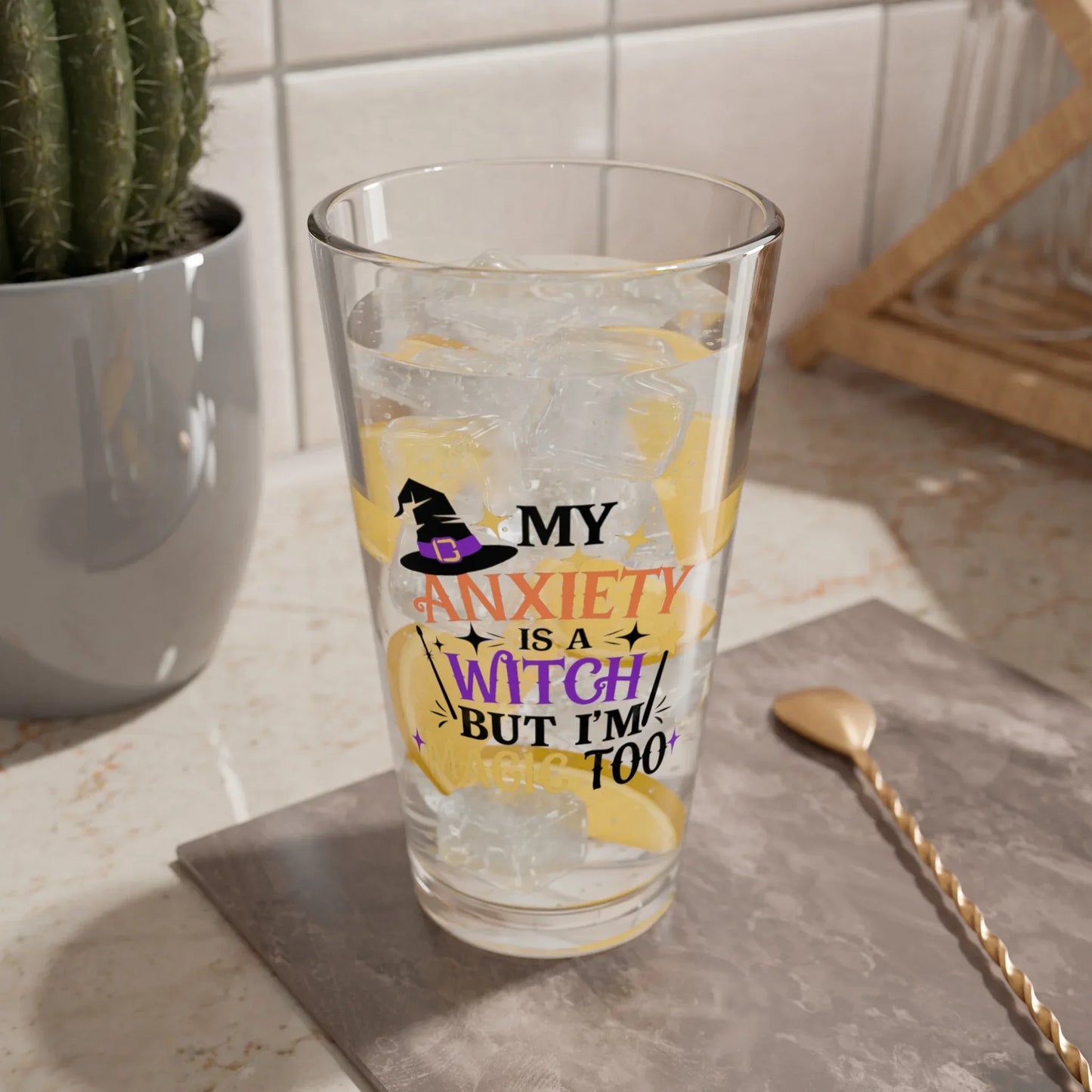 Shop our premium my anxiety is a witch but im magic too halloween pint glass 16oz from MySisterIsASurvivor.