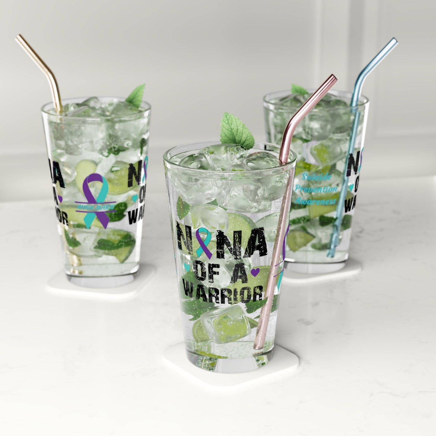 Nana of a Warrior: Personalized Suicide Prevention Awareness Warrior Pint Glass - Proud Family Member
