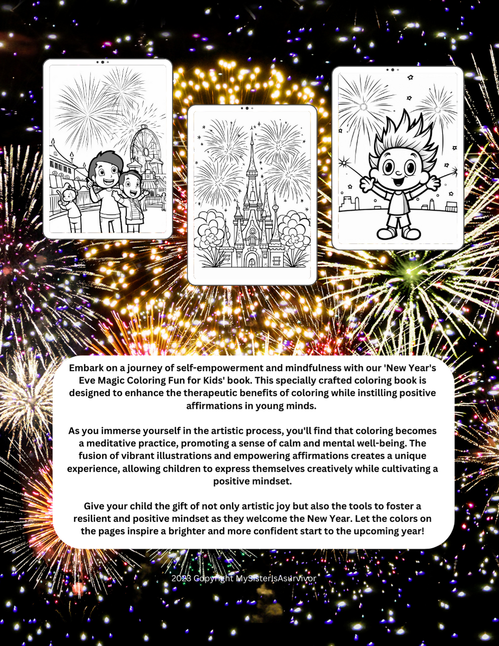 New Year’s Eve coloring book for kids with fireworks and joyful pages