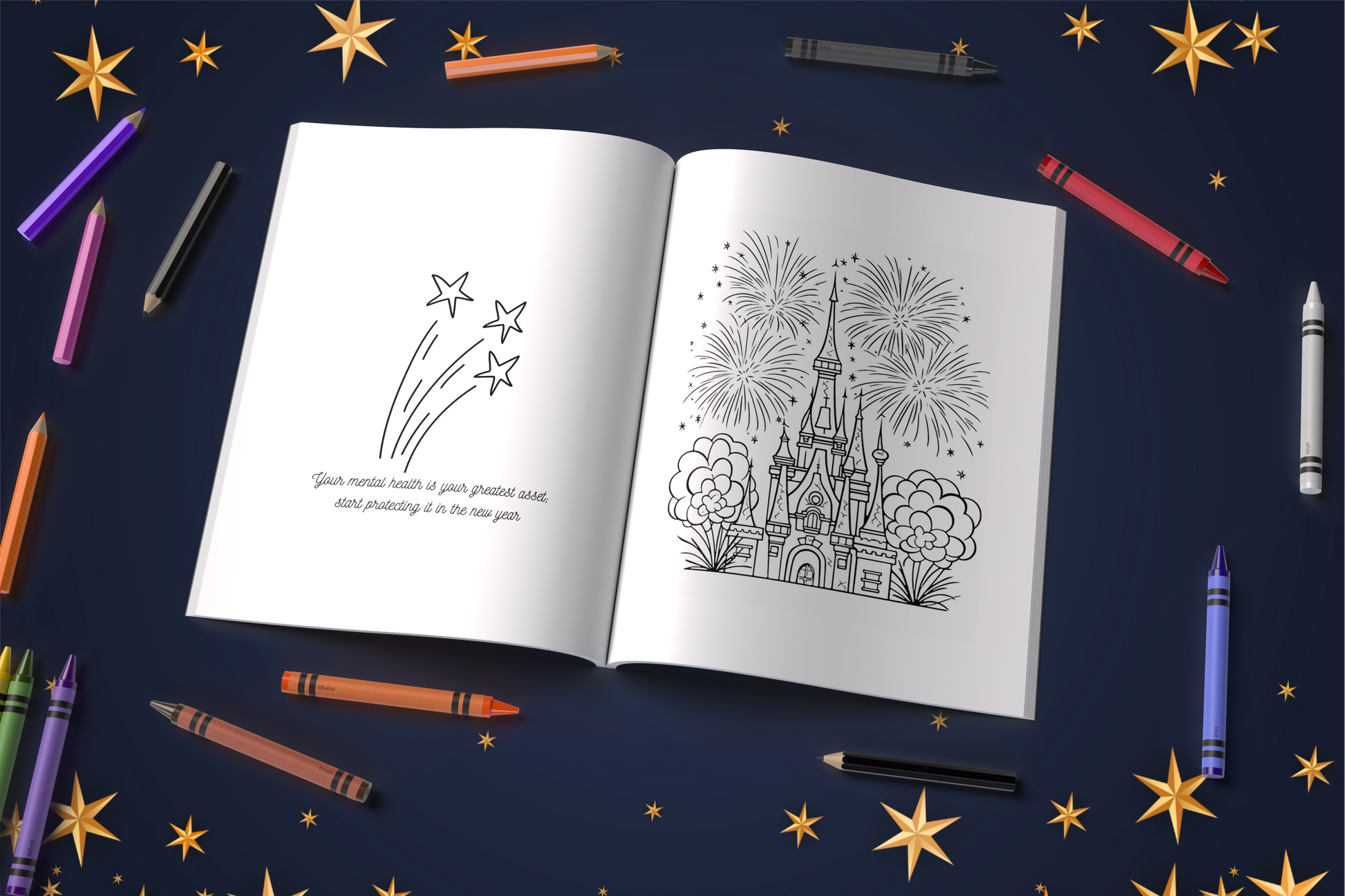 New Year’s Eve coloring book for kids with fireworks and joyful pages