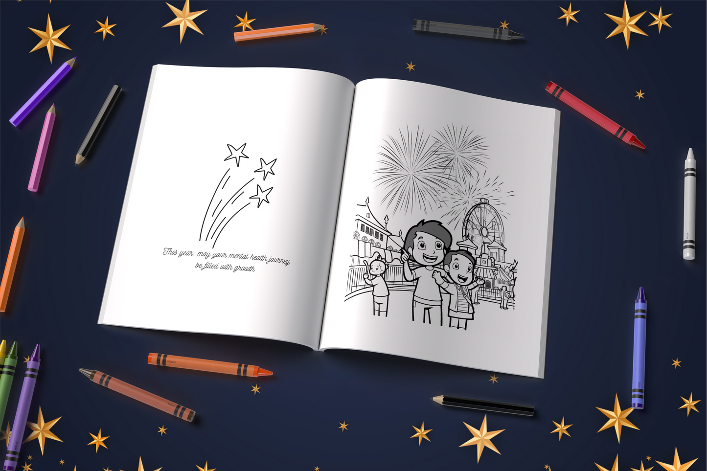 New Year’s Eve coloring book for kids with fireworks and joyful pages