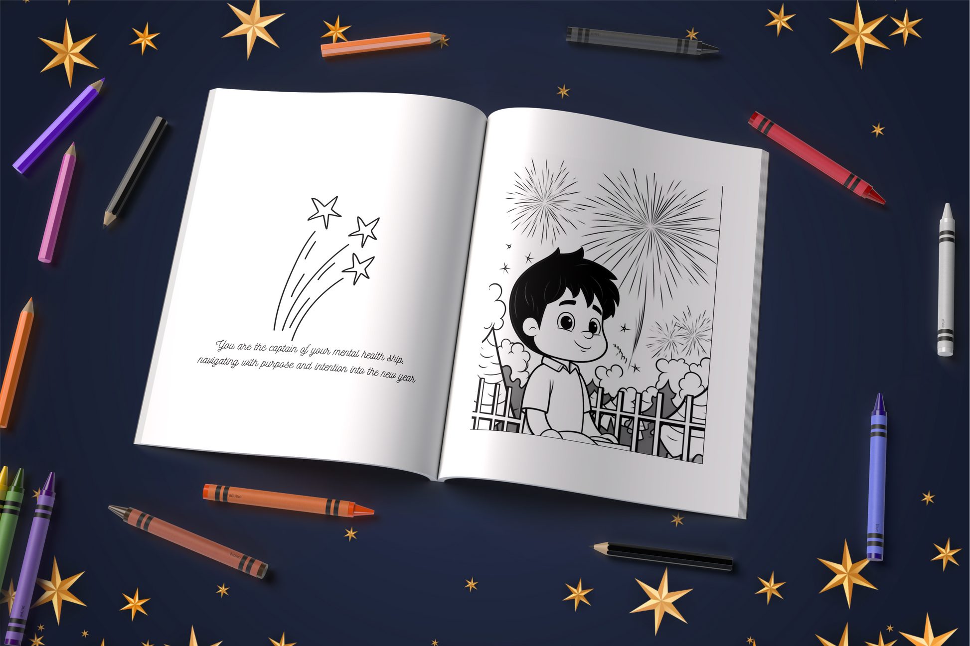New Year’s Eve coloring book for kids with fireworks and joyful pages