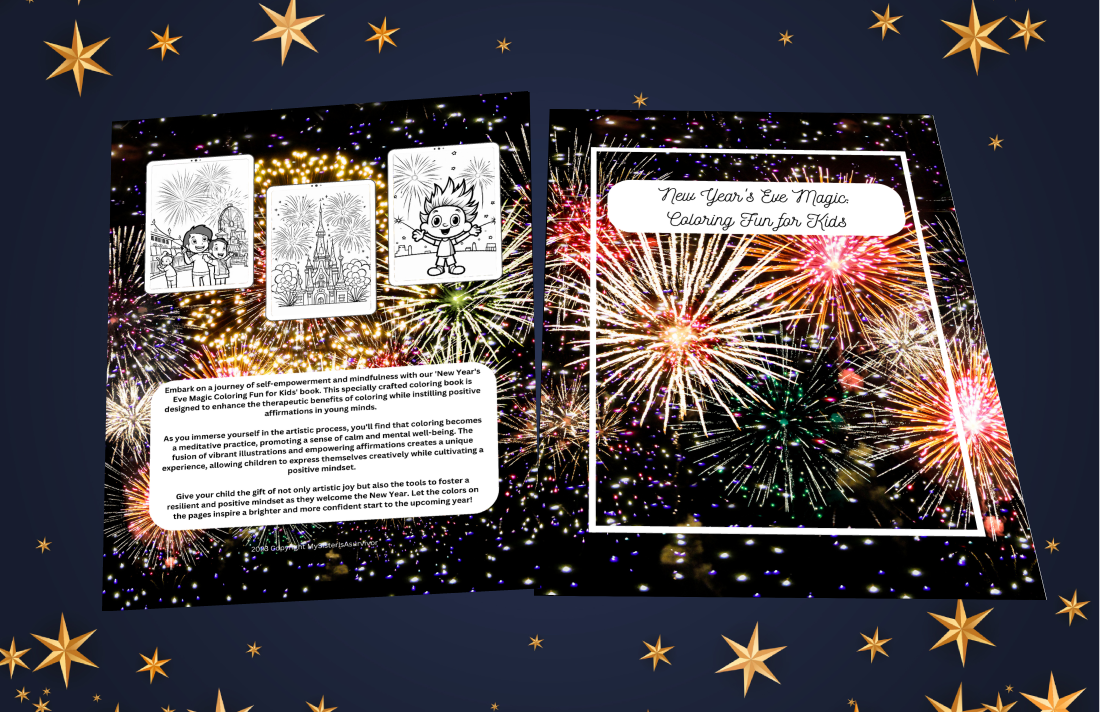 New Year’s Eve coloring book for kids with fireworks and joyful pages