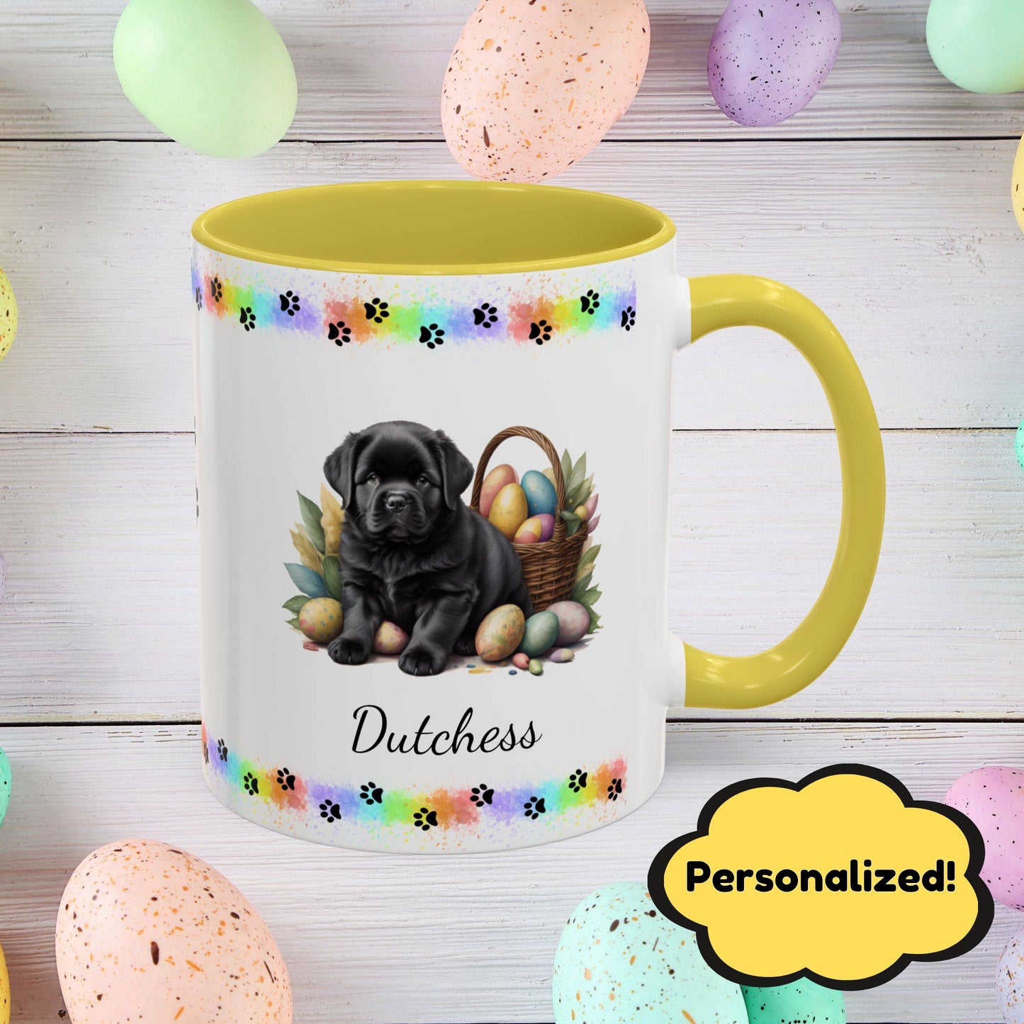 Newfoundland Black Easter puppy coffee mug, personalized cute dog gift for mental health awareness and cozy sipping