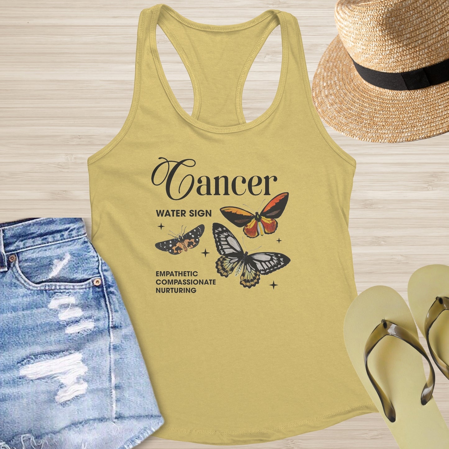 Cancer zodiac tank with celestial butterfly symbol for emotional growth