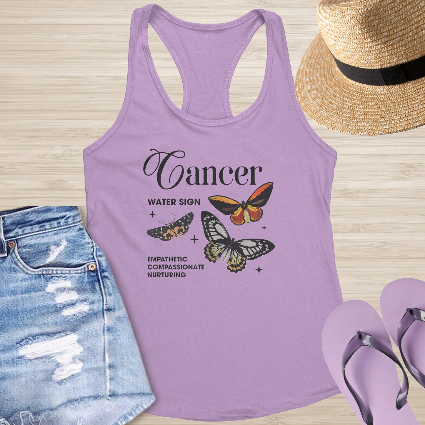Cancer zodiac tank with celestial butterfly symbol for emotional growth