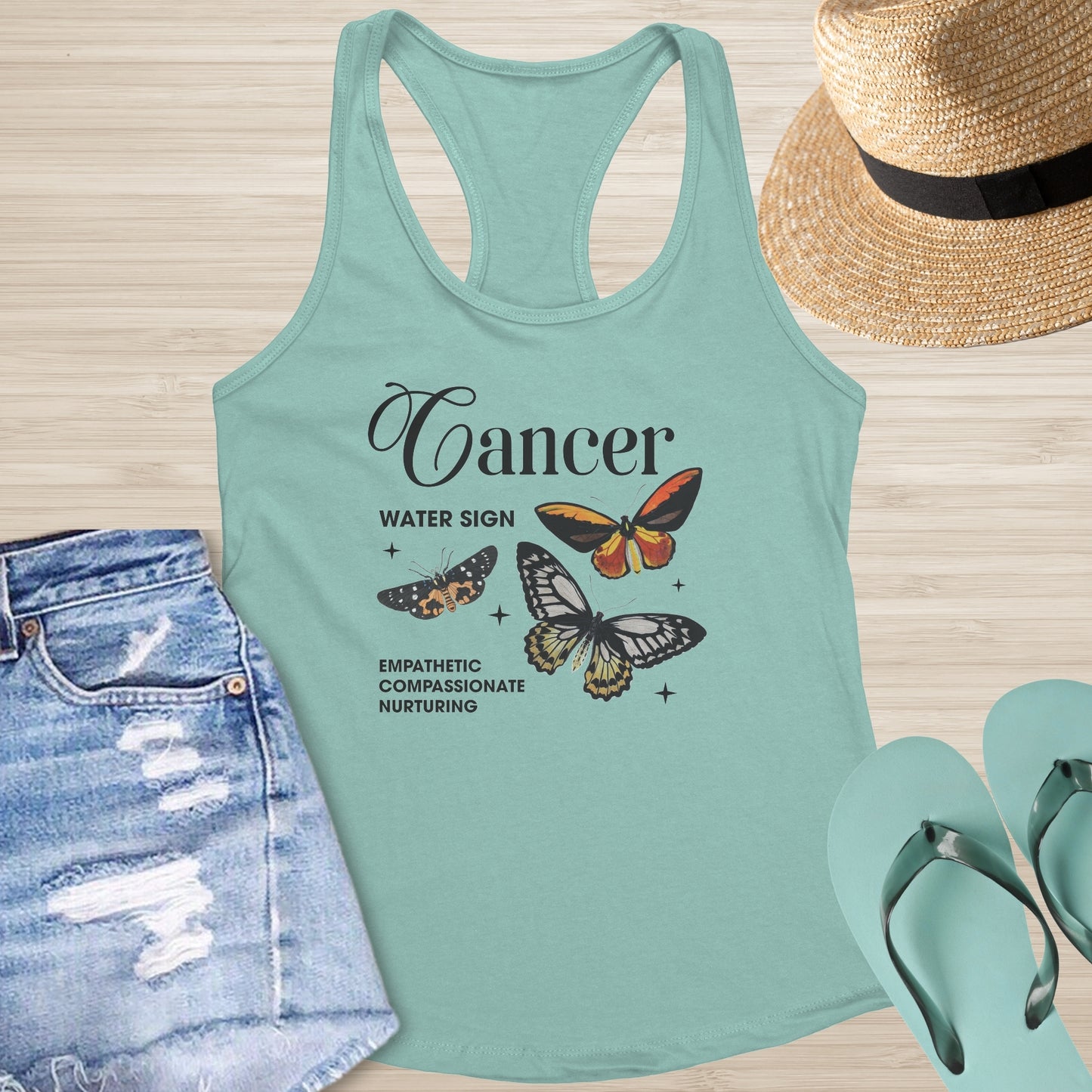 Cancer zodiac tank with celestial butterfly symbol for emotional growth