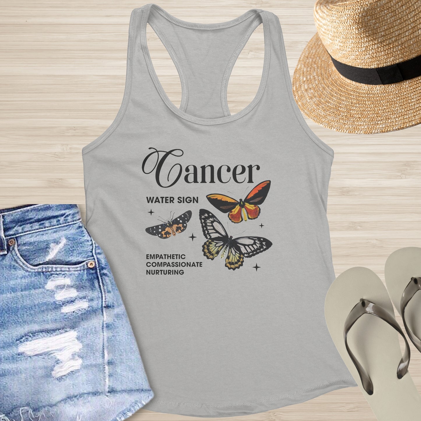 Cancer zodiac tank with celestial butterfly symbol for emotional growth