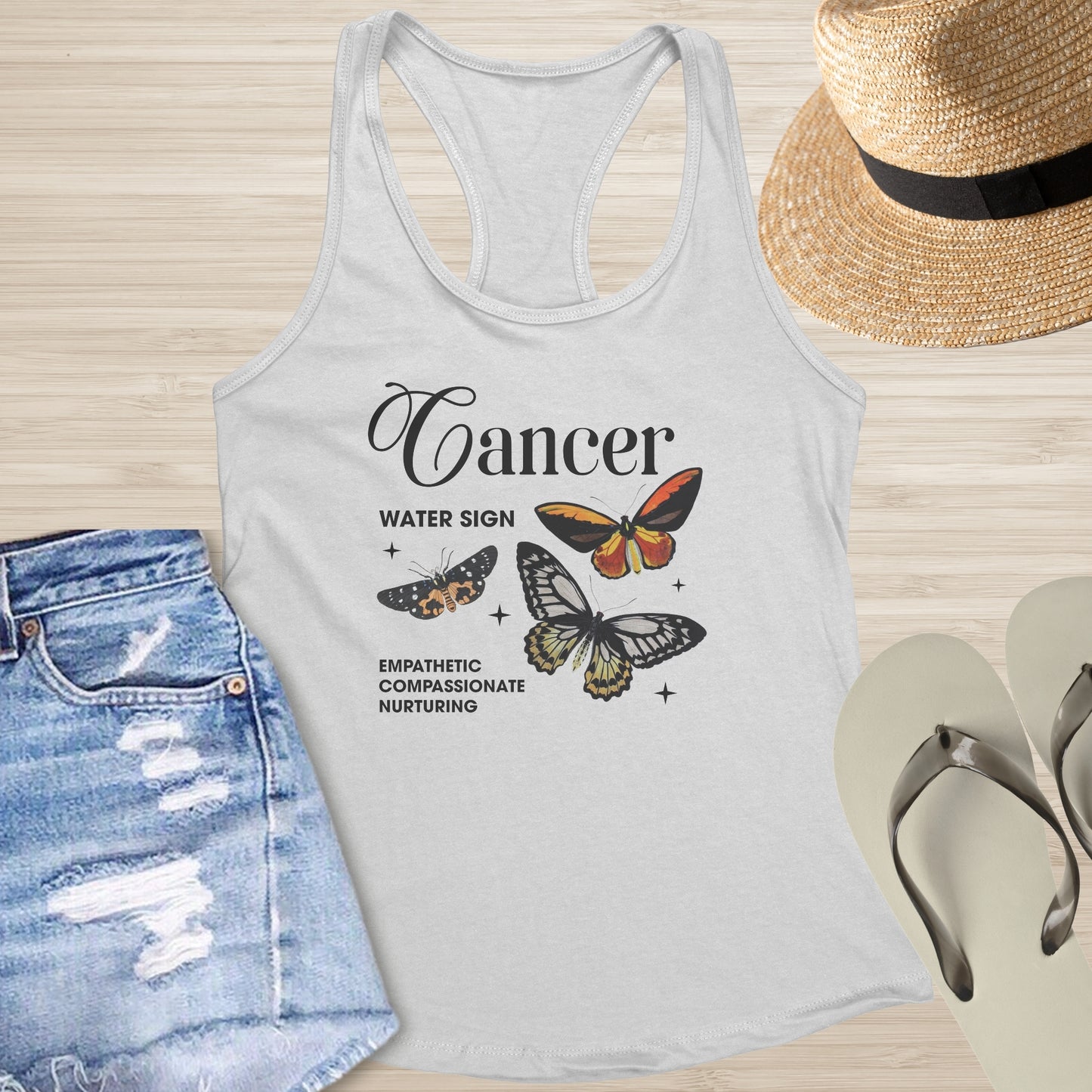 Cancer zodiac tank with celestial butterfly symbol for emotional growth