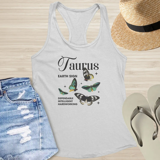 Taurus racerback tank with butterfly artwork symbolizing resilience and calm