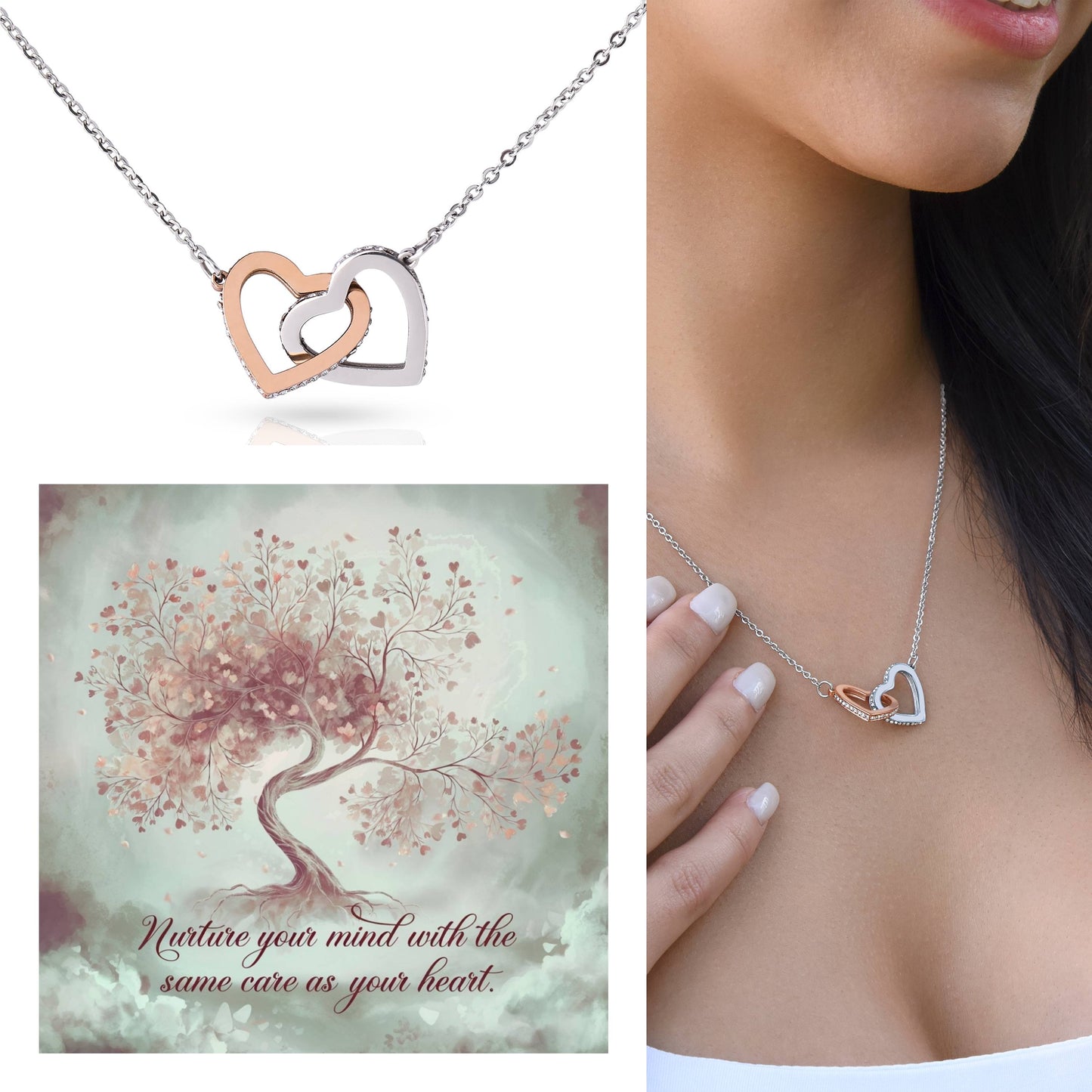 Nuture Your Mind With The Same Care As Your Heart: Interlocking Hearts Necklace - Mental Health Gift, Self-Love, Anxiety, PTSD Support