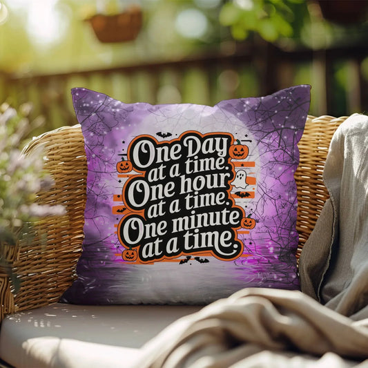 Shop our one day at a time halloween pillow featuring the 18" x 18" style option from MySisterIsASurvivor.