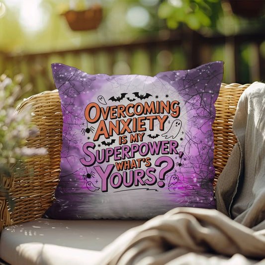Shop our overcoming anxiety halloween pillow featuring the 18" x 18" style option from MySisterIsASurvivor.