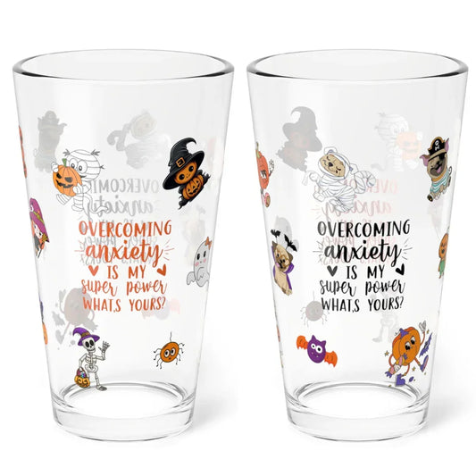 Shop our premium overcoming anxiety is my super power whats yours shaker mixing pint glass 16oz from MySisterIsASurvivor.