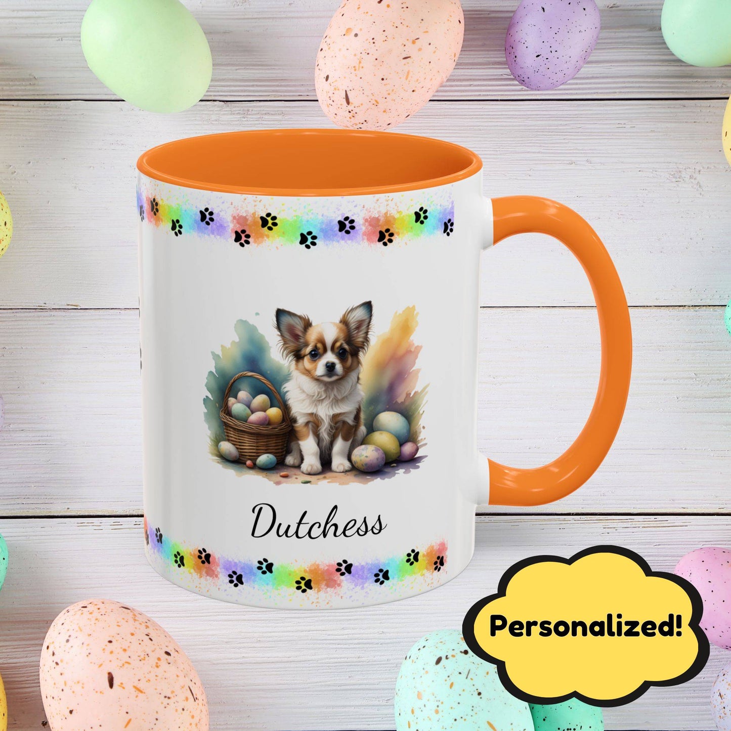 Papillon Brown & White Easter puppy coffee mug, personalized cute dog gift for mental health awareness and comfort